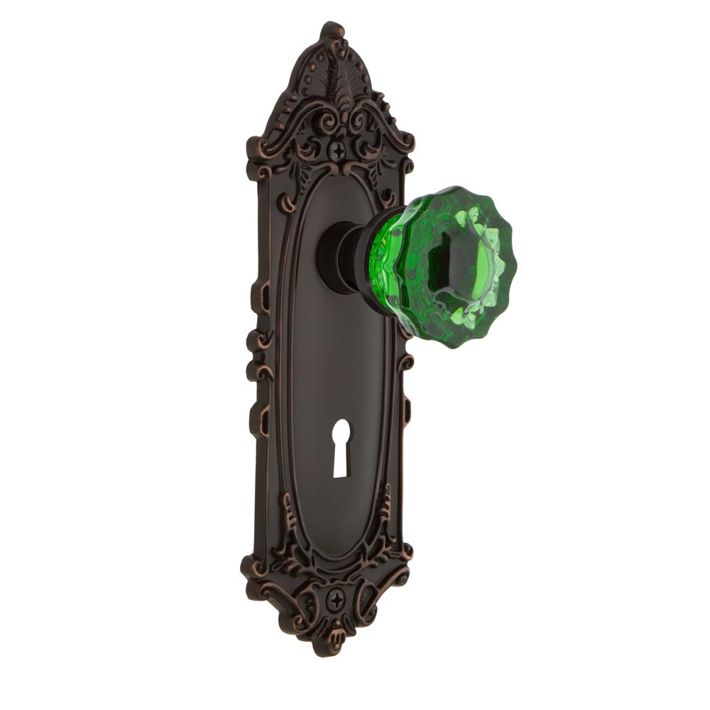 Nostalgic Warehouse VICCRE Colored Crystal Victorian Plate Interior Mortise Crystal Emerald Glass Door Knob in Timeless Bronze
